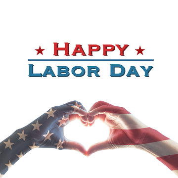 American flag pattern on people hands in heart shaped form isolated on white background: Memorial day Happy columbus day Patriot day, USA Independence Labor Loyalty day symbolic concept.