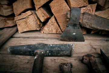 hatchet in the wooden table