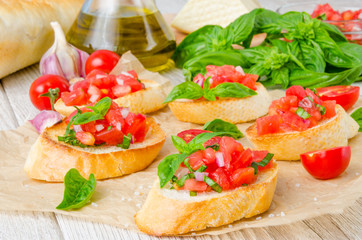 Bruschetta with tomato, onion and fresh basil