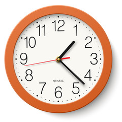 Classic round wall clock in orange body isolated on white - obrazy, fototapety, plakaty