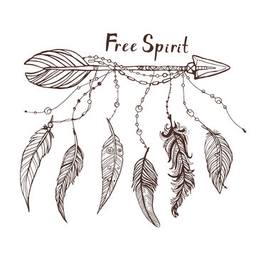 Beautiful hand drawn doodle illustration with tribal arrows and feathers. American indian motifs. Boho style.