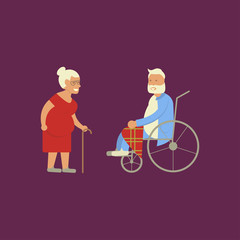 Banner of Retired elderly senior age couple in creative flat vector character design. Grandpa and grandma standing full length smiling. Grandparents with walking stick and invalid chair isolated
