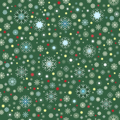 White blue yellow snowflakes with red and yellow stars on green background. End of year christmas and sale season. Seamless pattern.