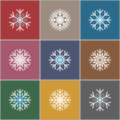 Set of nine minimalistic flat white snowflakes. Christmas squared background.