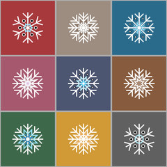 Set of nine minimalistic flat white snowflakes. Christmas squared background.