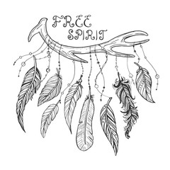 Beautiful hand drawn doodle illustration with tribal antler and feathers. American indian motifs. 