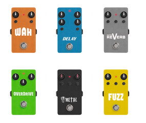 guitar effect pedals on white