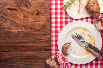 restaurant table top view after meal with copy space