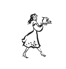 Fototapeta na wymiar french waitress sketch vector illustration . girl with dish and
