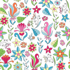 Seamless background with abstract flowers and leaves.