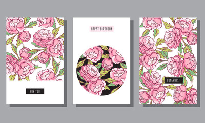 Set of postcards with peonies.