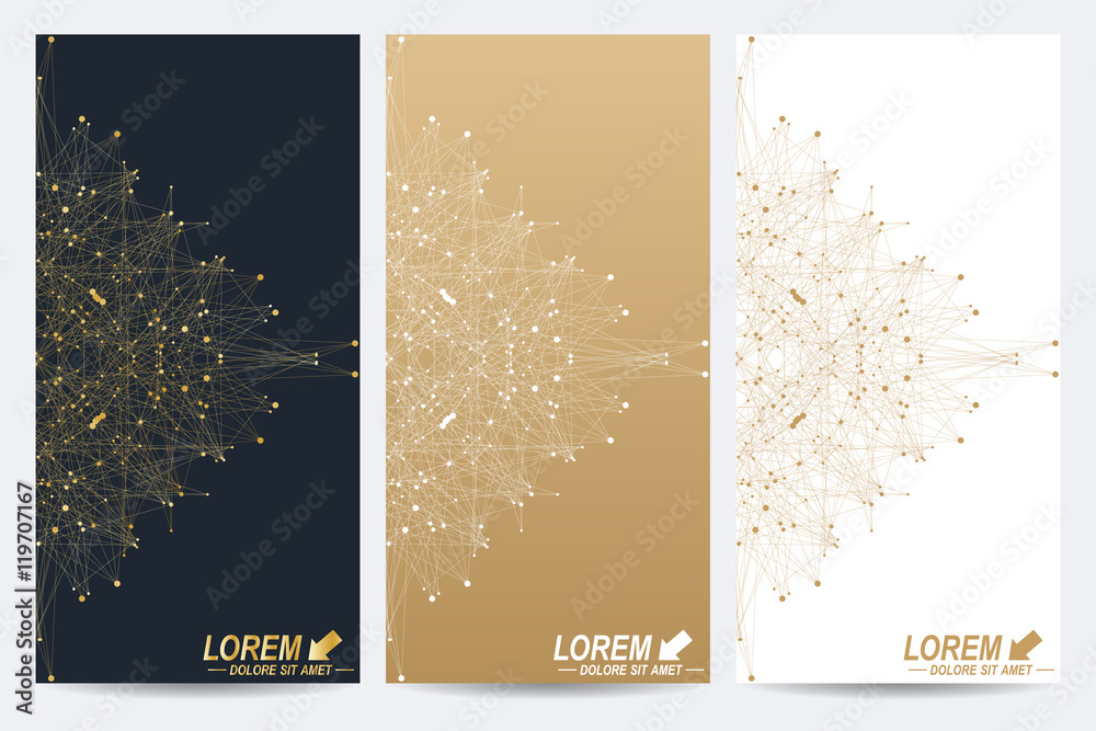 Poster modern set of vector flyers. geometric abstract presentation with golden mandala. molecule and commu