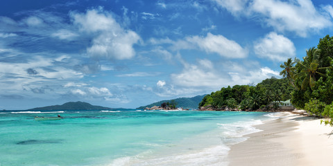 panoramic view of tropical beauch anse la blague on praslin island seychelles