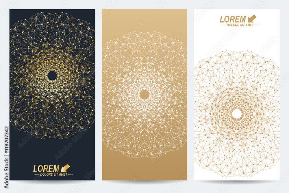 Poster Modern set of vector flyers. Geometric abstract presentation with golden mandala. Molecule and communication background for medicine, science, technology, chemistry.