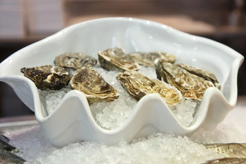 oysters with ice on a plate