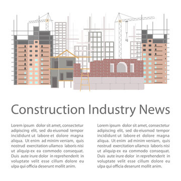 Illustration of construction site with cranes and skyscraper. Isolated on white background. Vector eps10