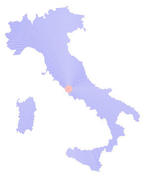 Italy map radial dot pattern. Blue dots going from the capital Rome outwards and form the boot silhouette of the country and the islands Sicily and Sardinia. Illustration on white background.