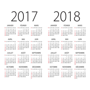 2017 and 2018 years french language vector calendar.