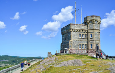  Radio communications tower, Signal Hill, St. John's, Newfoundland, Canada.  Tower attracts tourists year round.  Structure still sits perched atop high rugged coastline, Eastern Nfld, - 119709556