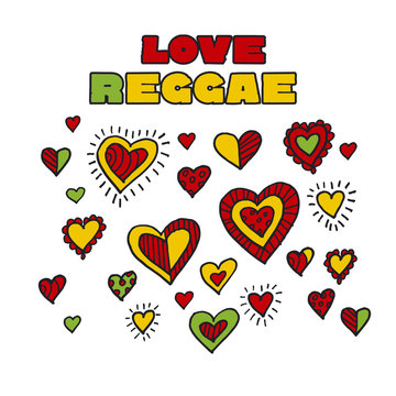 shabby boho style hearts reggae color music background. Jamaica