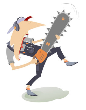Funny angry worker in protection headphones with chainsaw