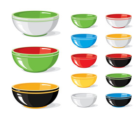 Different colourful empty bowls isolated on a white background