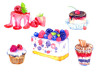 Hand painted Isolated Watercolor Illustration "Sweet desserts with berries set"