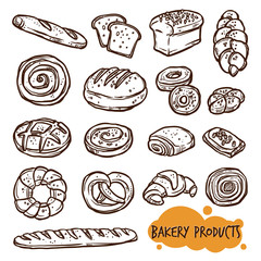 Bakery Products Set In Sketch Linear Style