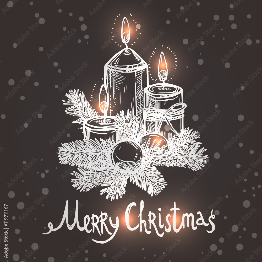 Wall mural Christmas Card With Sketch Candles On The Chalkboard