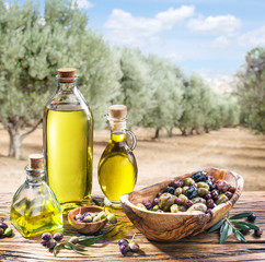 Fototapety  Oliwa z oliwek i jagody są na drewnianym stole pod oliwnym tr