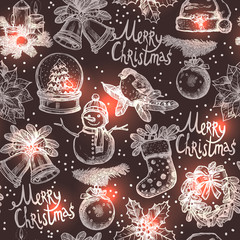 Cotton fabric Christmas Monochrome Sketch Seamless Pattern On Dark Background