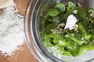 Cooking traditional Italian pesto sauce