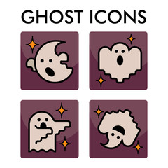 Vector icon set with ghosts characters. Halloween illustration. Cartoon flat style.