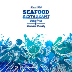 Seafood Restaurant. Seafood Background With Watercolor Effect