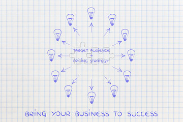 target audience & pricing, matching puzzle and lightbulbs around