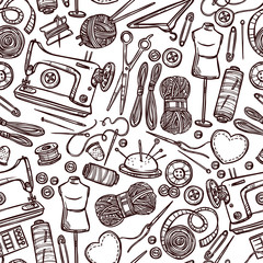 Seamless Pattern With Accessories And Equipment For Sewing