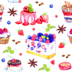 Sweet desserts with berries. Hand drawn watercolor seamless pattern white isolated
