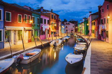 Colourfully painted houses facade on Burano island in evening, province of Venice, Italy - obrazy, fototapety, plakaty