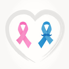 Breast and prostate cancer awareness ribbons. Pink and blue ribbon on heart shape stroke. Vector.