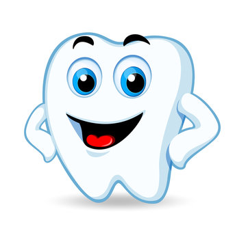 Tooth. Character. Vector illustration on white background. Cartoon smiling.