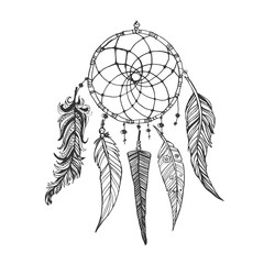 Hand-drawn doodle ink dream catcher with feathers. Ethnic illustration, tribal
