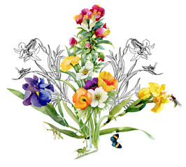 Beautiful Watercolor Summer Garden Blooming Flowers.