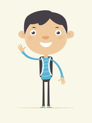 Smiling School Boy Waving. Flat Design Style. 