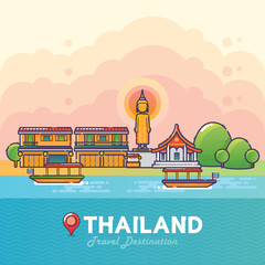 Obraz premium Vector Illustration of Thailand Travel Destination Colorful Detailed Skyline for Poster, Icon, Banner,Postcard. Trendy Linear Style