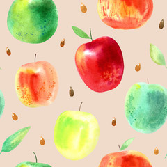 Seamless pattern with apple,leaves and seeds.Food picture.Watercolor hand drawn illustration.Beige background.