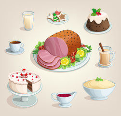 Christmas, new year, dinner family, food dishes, icons, illustration vector on light background.