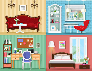 Stylish graphic rooms set: living room, bedroom, home office. Colorful vector furniture. Room interiors.