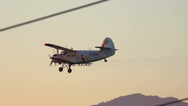 spray biplane duster fly at sunset