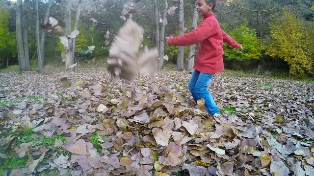 Young boy playing kicking fall leaves. SLOW MOTION 