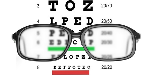 Pair of glasses and eyesight test. 3d illustration